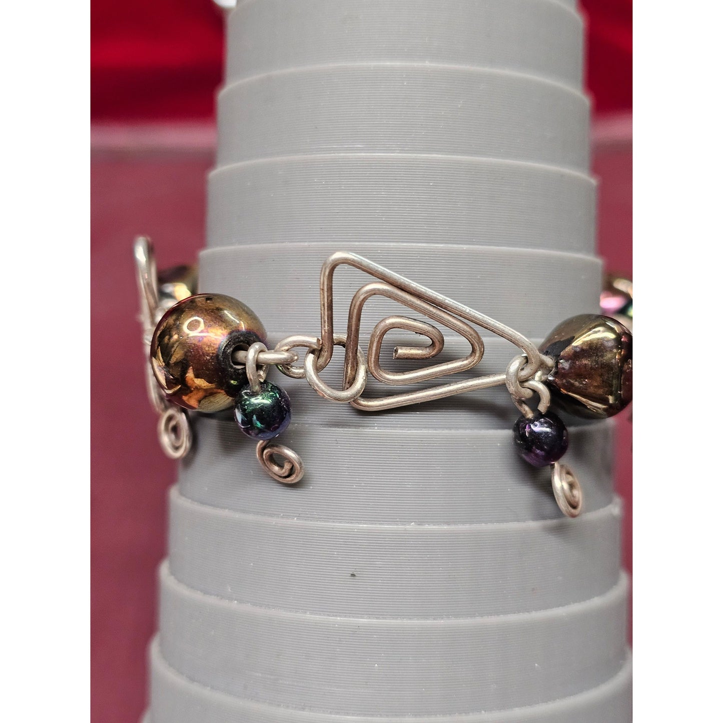 Sterling Silver Artisan Wire Wrapped Bracelet Purple & Peacock Bead Design
