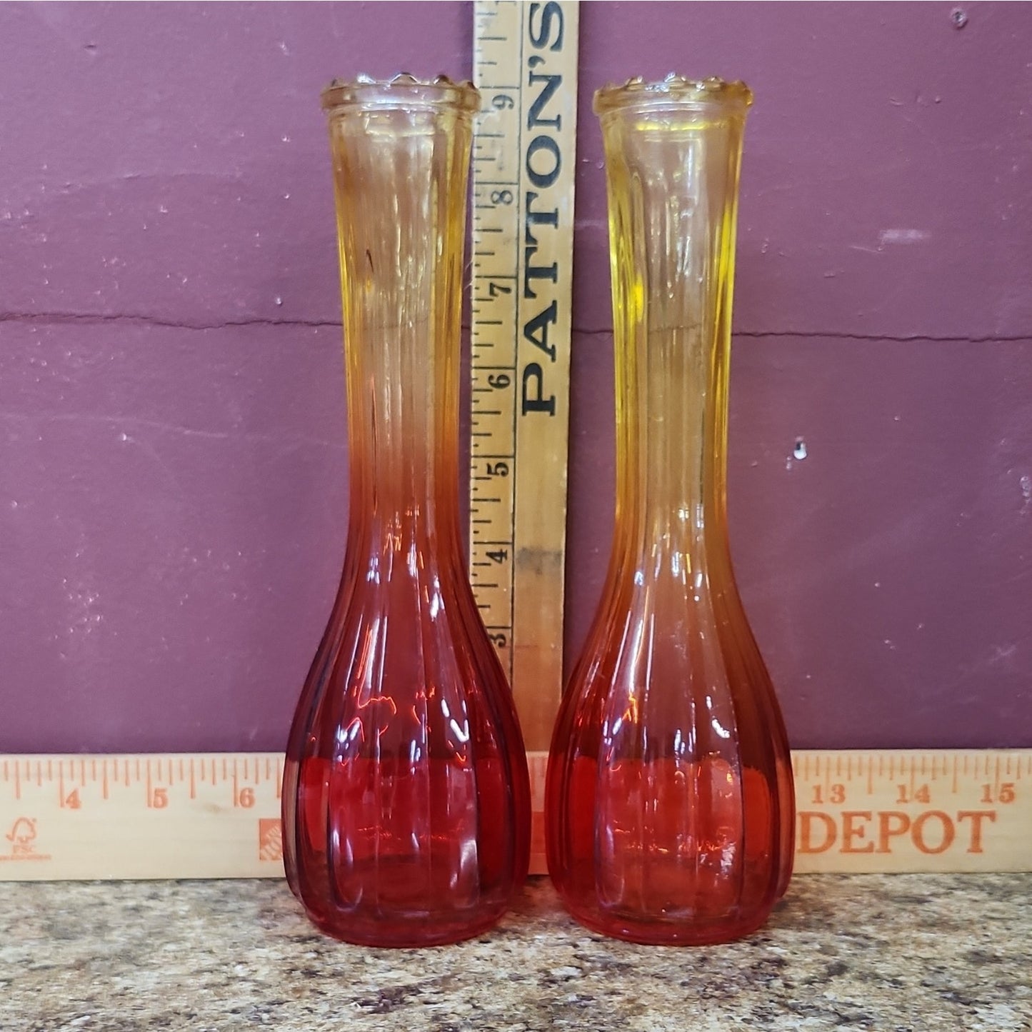 Pair Red Yellow Ombre Ribbed Swirl Art Glass Bud Vases, Glossy, 9 in