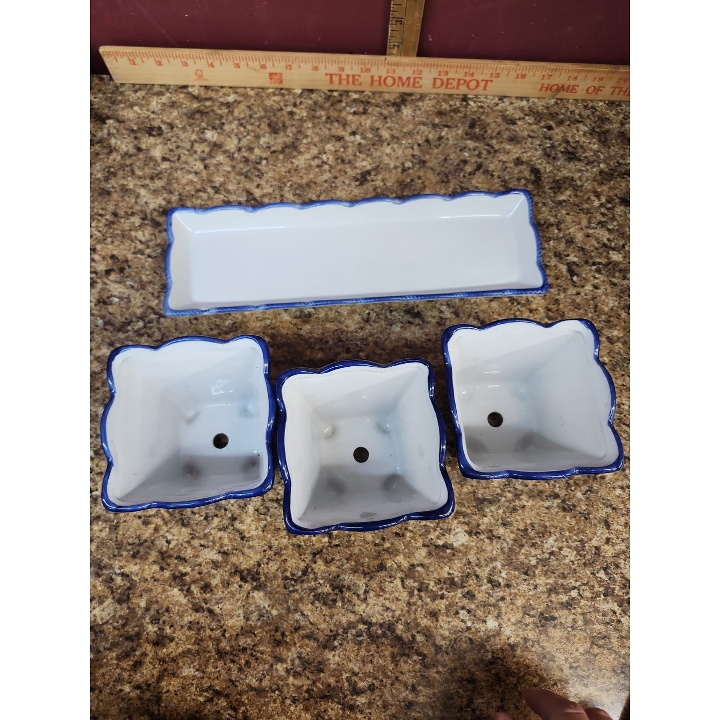 Vintage Set of 3 Small Blue & White Raised Floral/ Ceramic Pot/Planter's