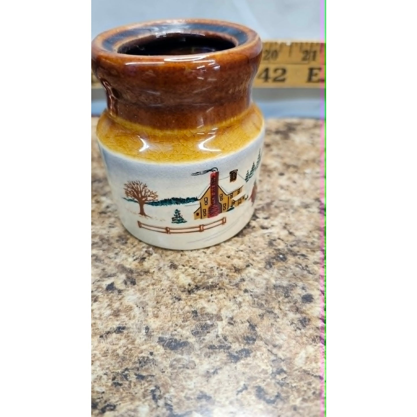 Vintage Miniature Ceramic Stoneware Storage Spice Crock Cheese Jar Winter Scene
