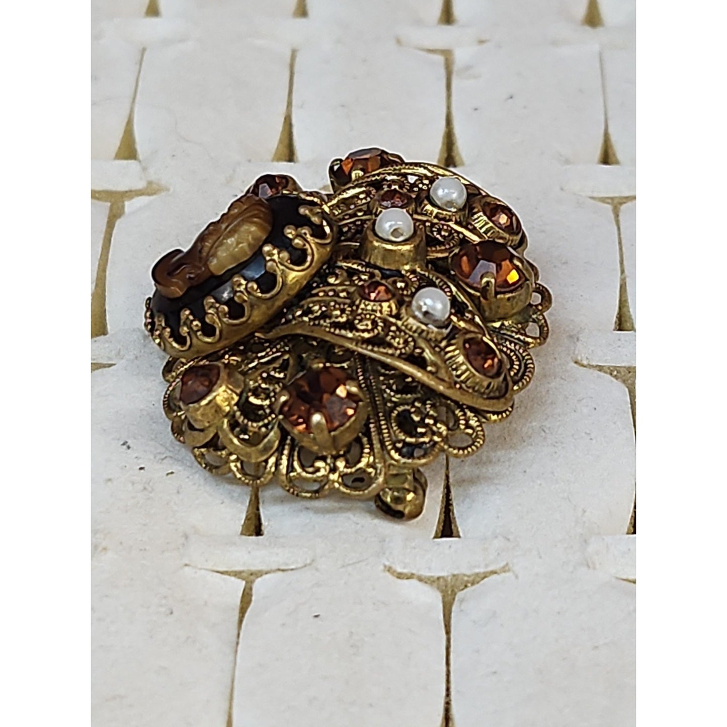 Vintage Rhinestone Faux Pearl root beer Cameo filagree Gold Tone Germany Brooch