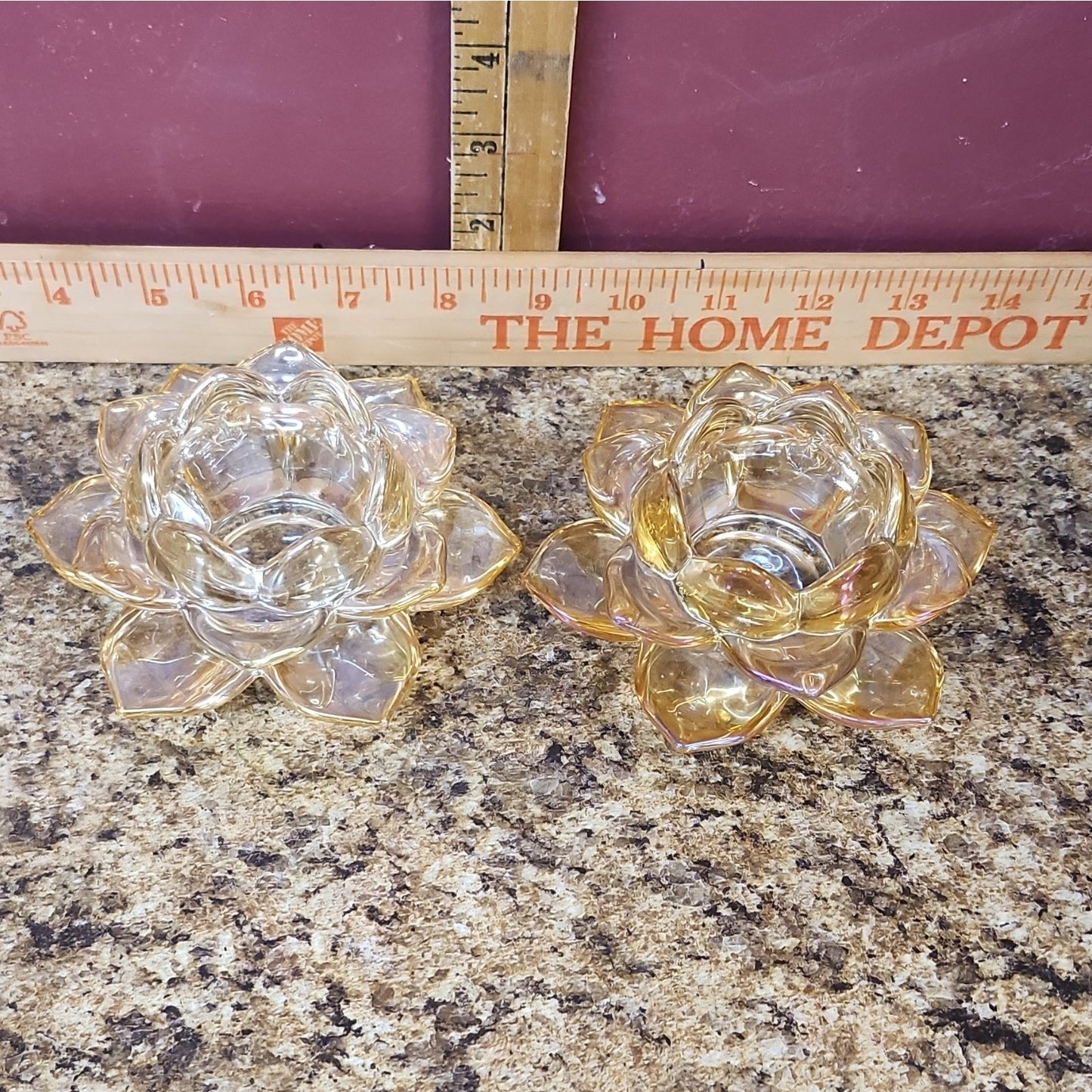 Set of 2 Iridescent Glass Lotus Flower Tea Light Candle Holders Clear Amber