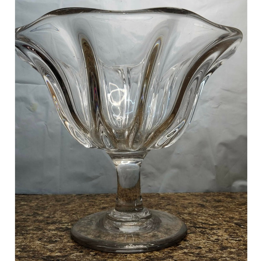 Vintage Clear Glass Fluted Pedestal Compote Centerpiece Bowl Scalloped 9.5" Tall