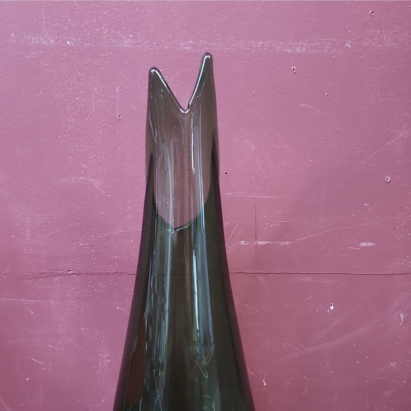 Unmarked Sculptural Green Glass Art Swung Vase w/ Flared Rim, 13 In, Green