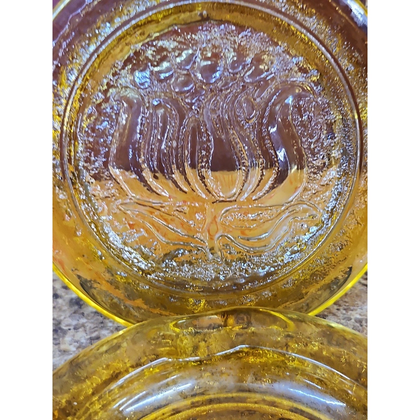 Lot Of 2 VINTAGE MCM 6" Honey Amber Tulip Flower Ashtray Textured Glass