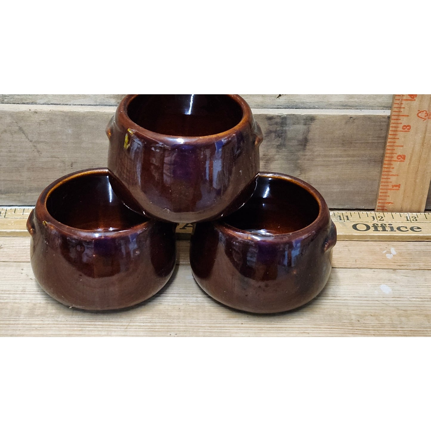 Vintage West Bend Stoneware Bean Pots Set of 3 Brown Glazed Ceramic USA 3"