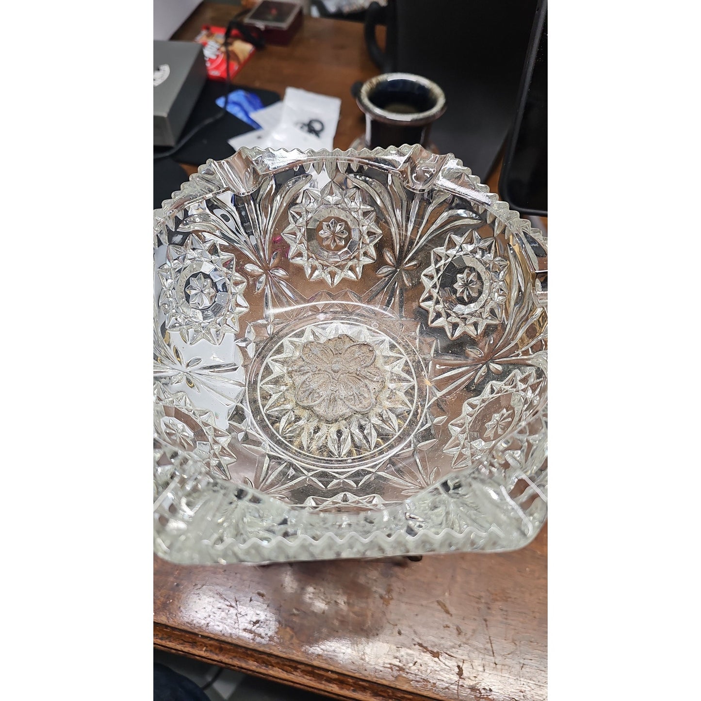 Hollywood Regency Crystal Pedestal Ashtray w/ Prisms & Marble Base Centerpiece
