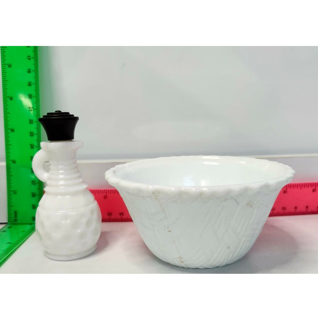 Vintage Milk Glass Cruet Dimple Bottle & Weavetex Basketweave Bowl Set White