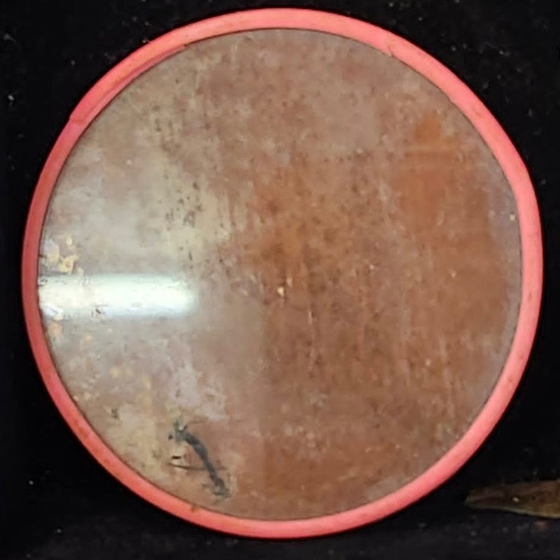 Vintage Litho Celluloid Pocket Mirror Red Rim Woman Portrait Mid Century Retro