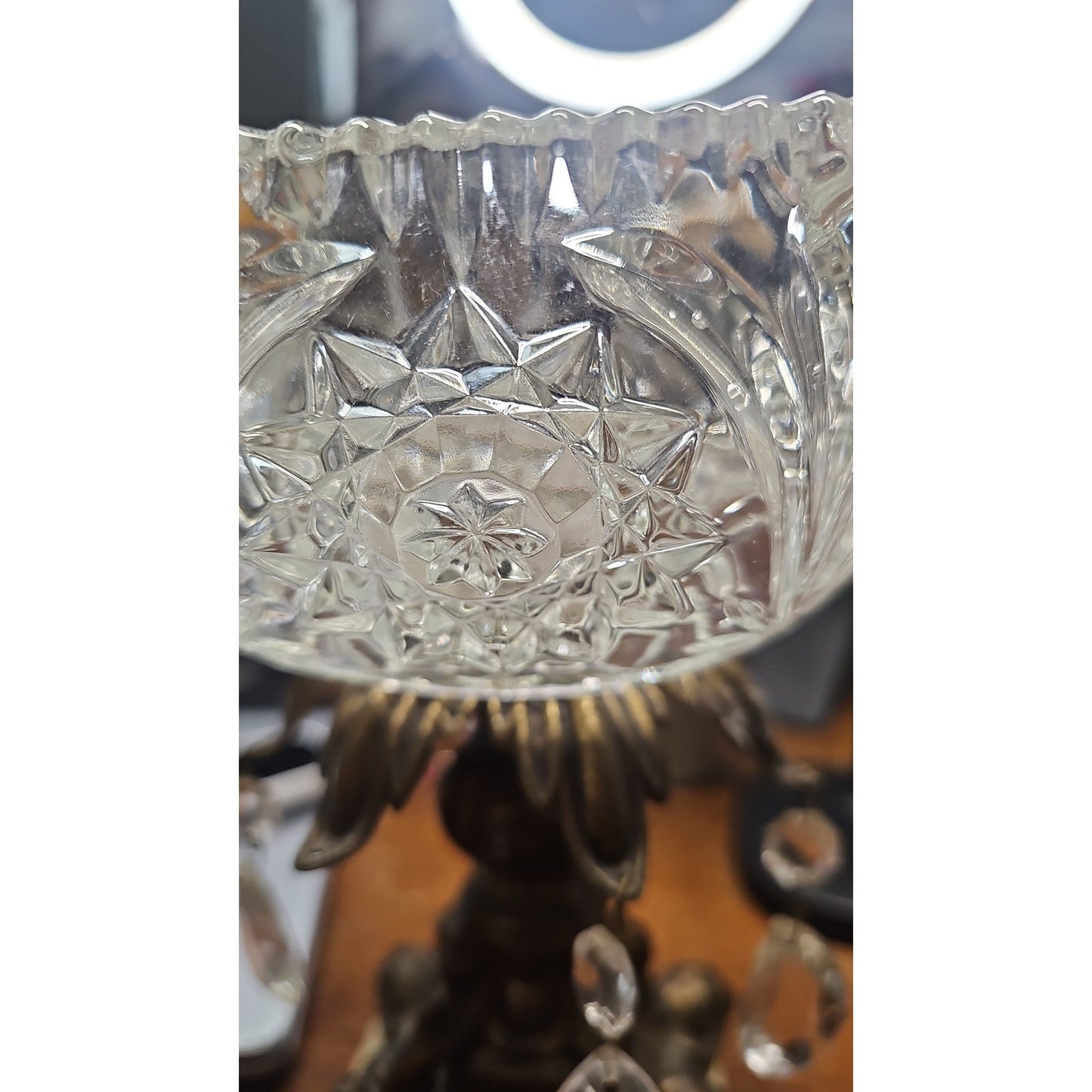 Hollywood Regency Crystal Pedestal Ashtray w/ Prisms & Marble Base Centerpiece