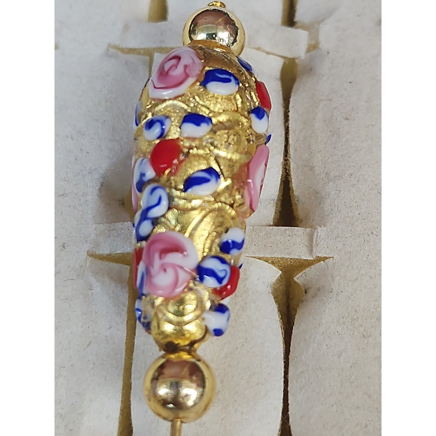 Vintage Handblown Venetian Glass Hat Stick Pin Gold Raised Floral Flowers