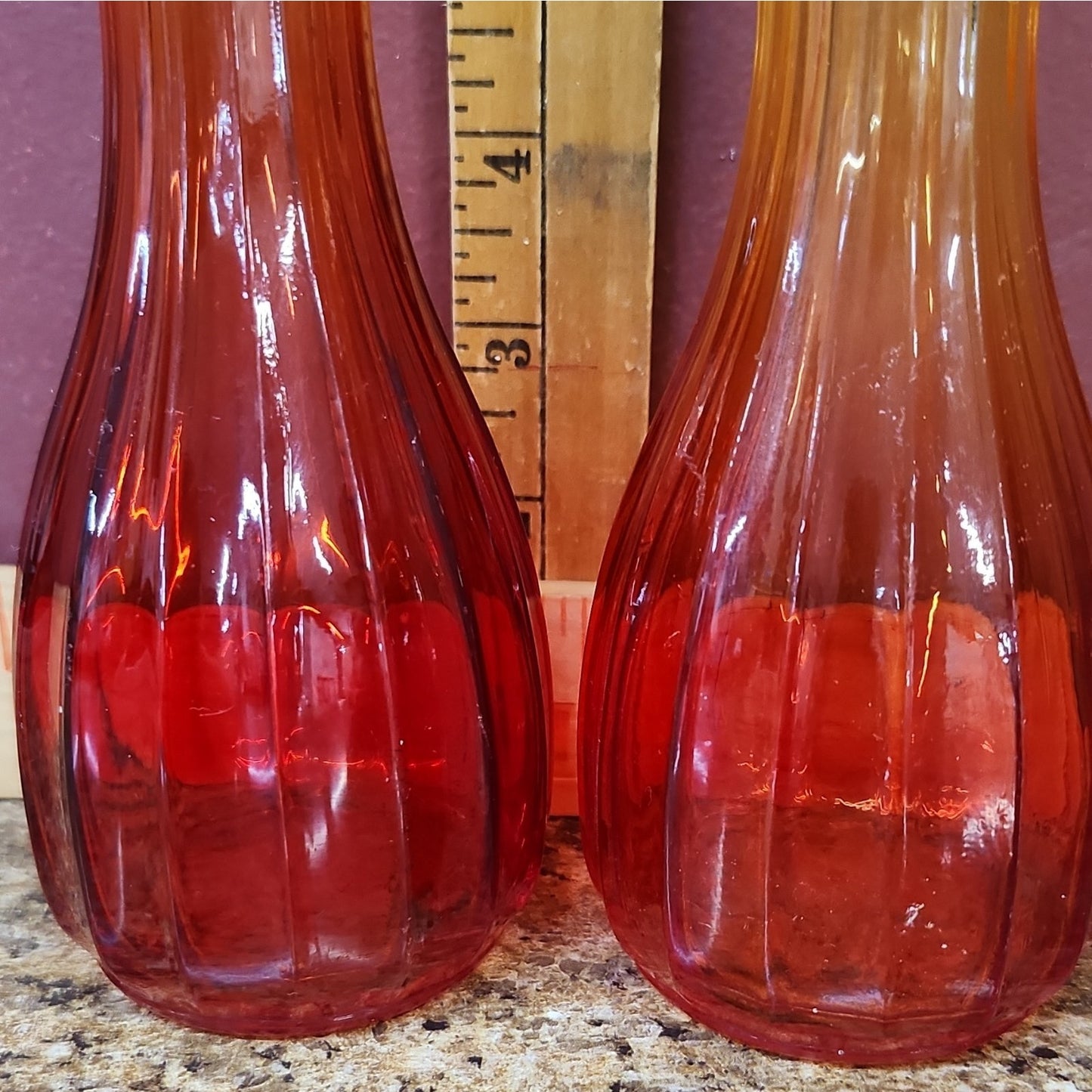 Pair Red Yellow Ombre Ribbed Swirl Art Glass Bud Vases, Glossy, 9 in