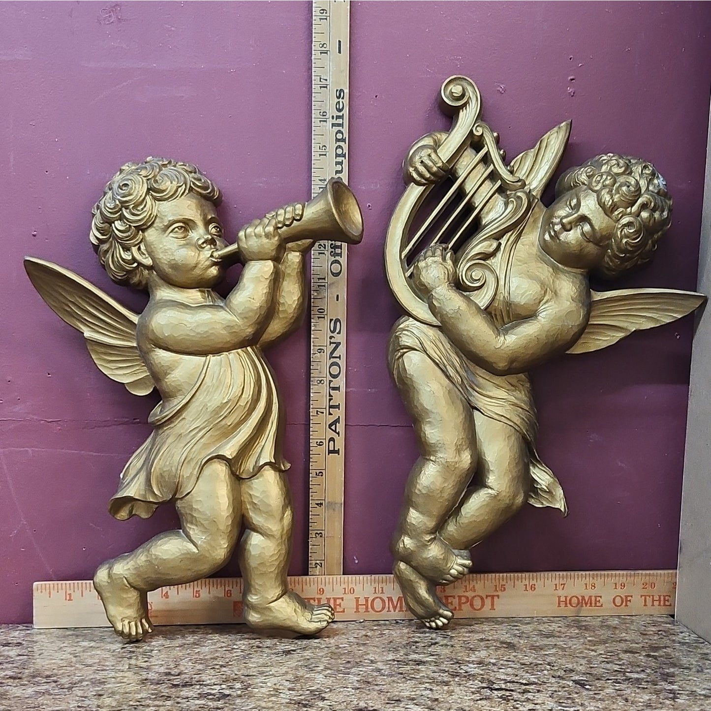 Dart Set of 2 Gold Cherub Angel Music Wall Plaques Plastic MCM 15 in