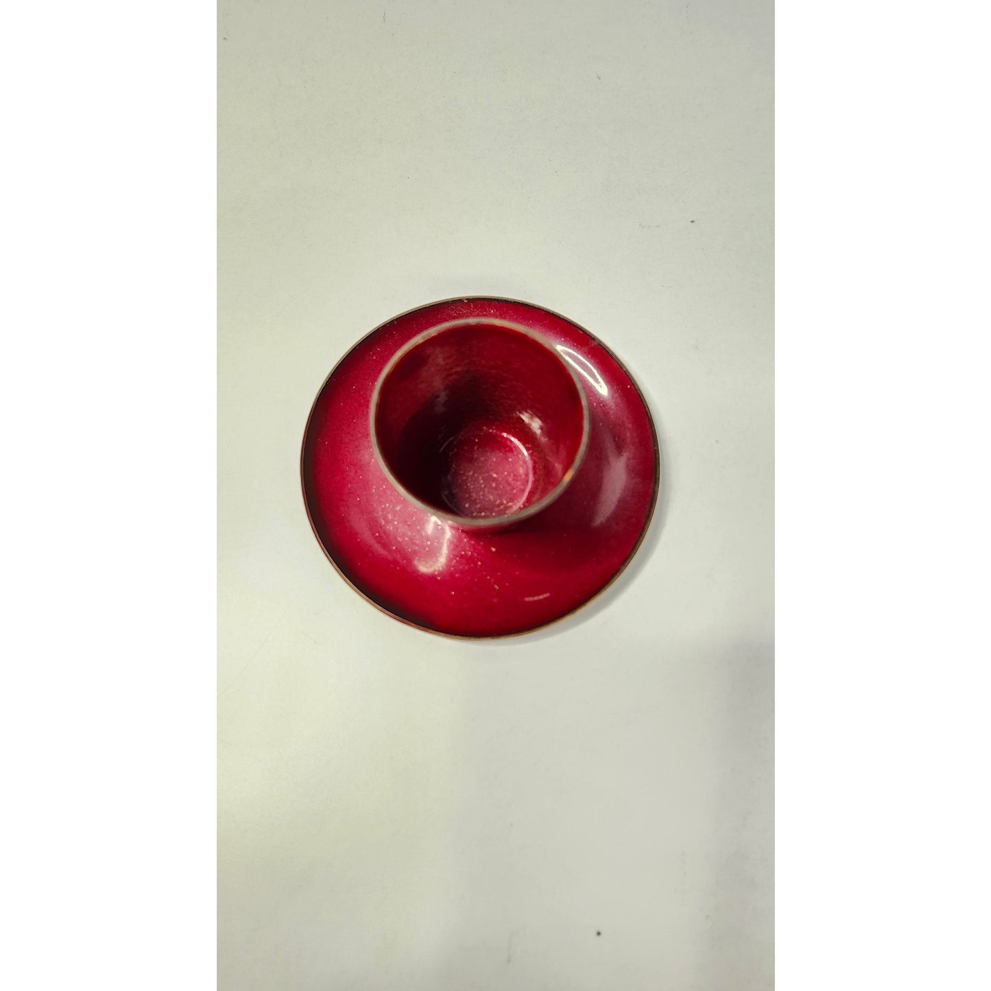 VTG Jade Snow Wong Red Enamel on Copper Cup and Saucer Set Mid Century Signed