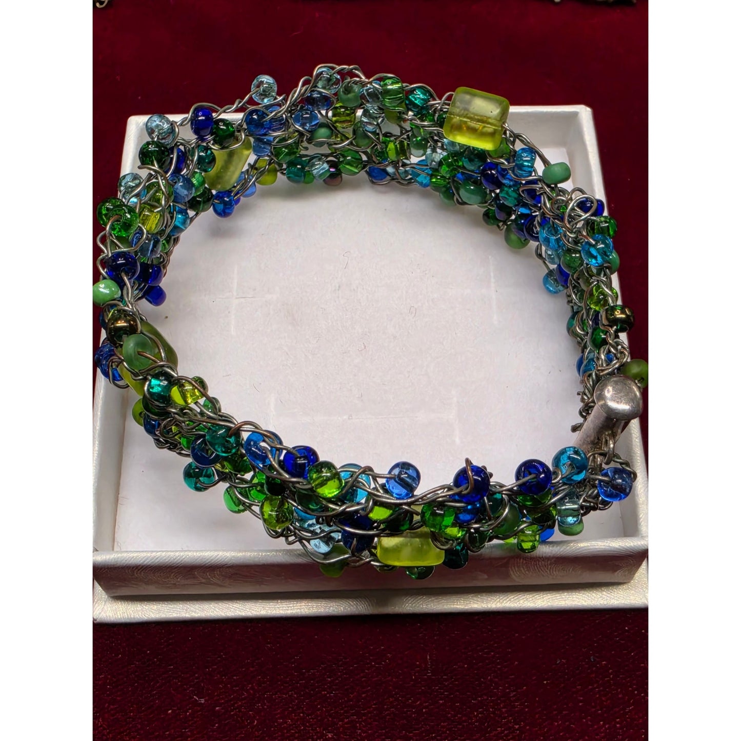 Vintage Sterling Silver Stone Multi Strand Beaded Slide Clasp Bracelet Blue Green