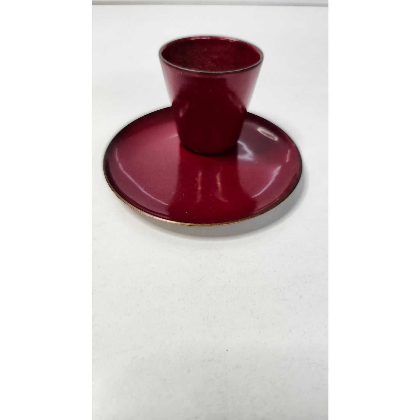 VTG Jade Snow Wong Red Enamel on Copper Cup and Saucer Set Mid Century Signed