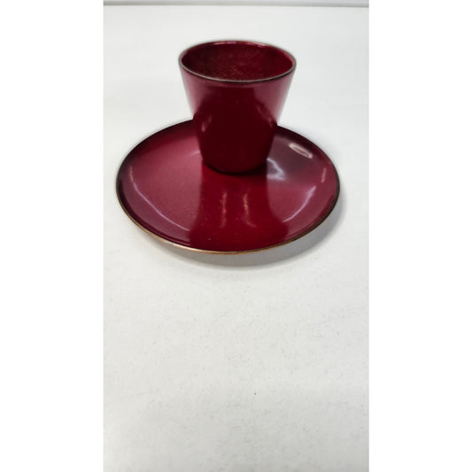 VTG Jade Snow Wong Red Enamel on Copper Cup and Saucer Set Mid Century Signed