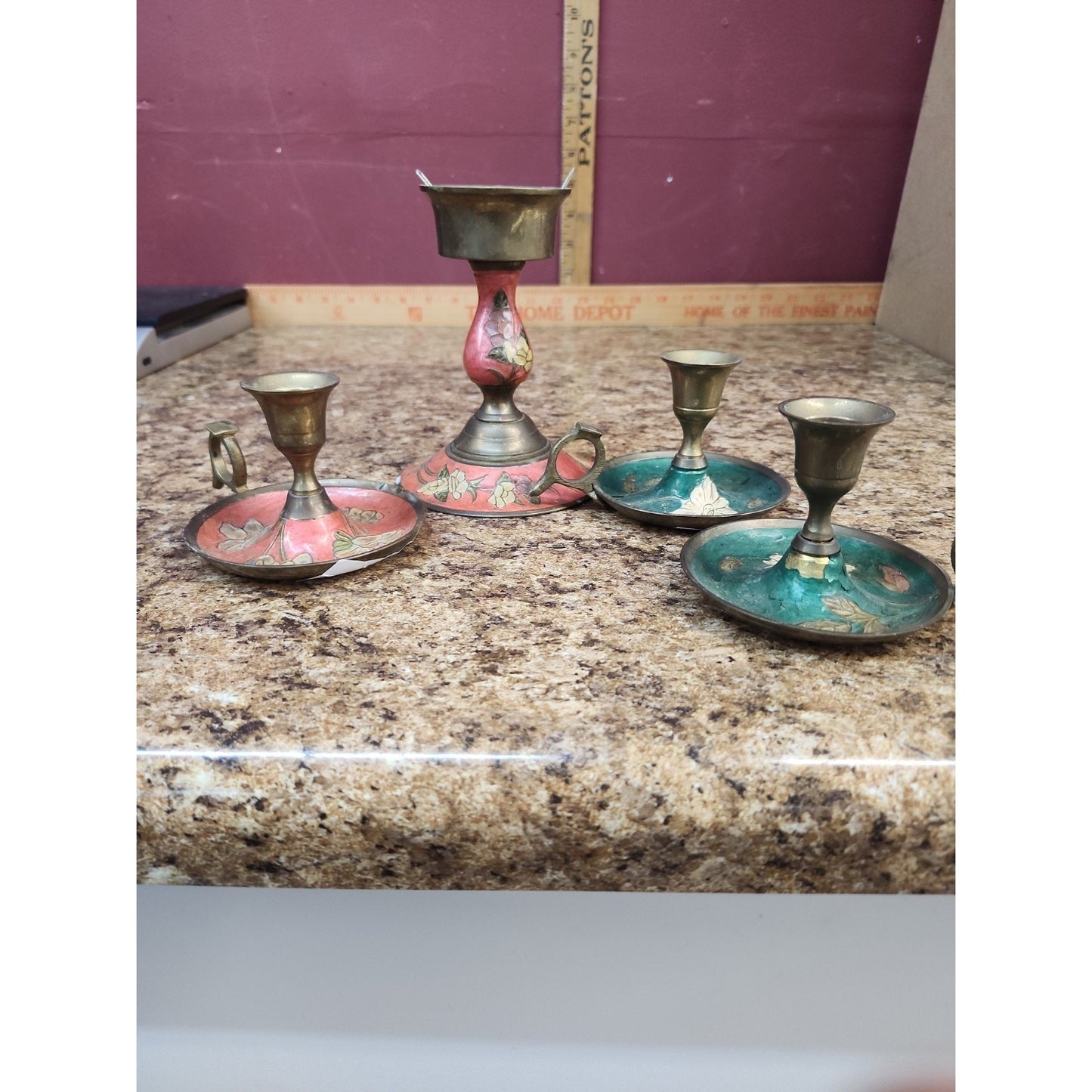 LOT OF 4 VINTAGE Floral ENAMELED BRASS CANDLE HOLDERS MADE IN INDIA