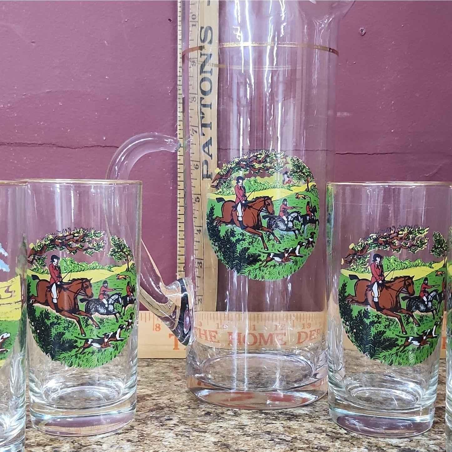 Neiman Marcus Style Glass Pitcher + 6 Tumblers, Hunting Scene Horses