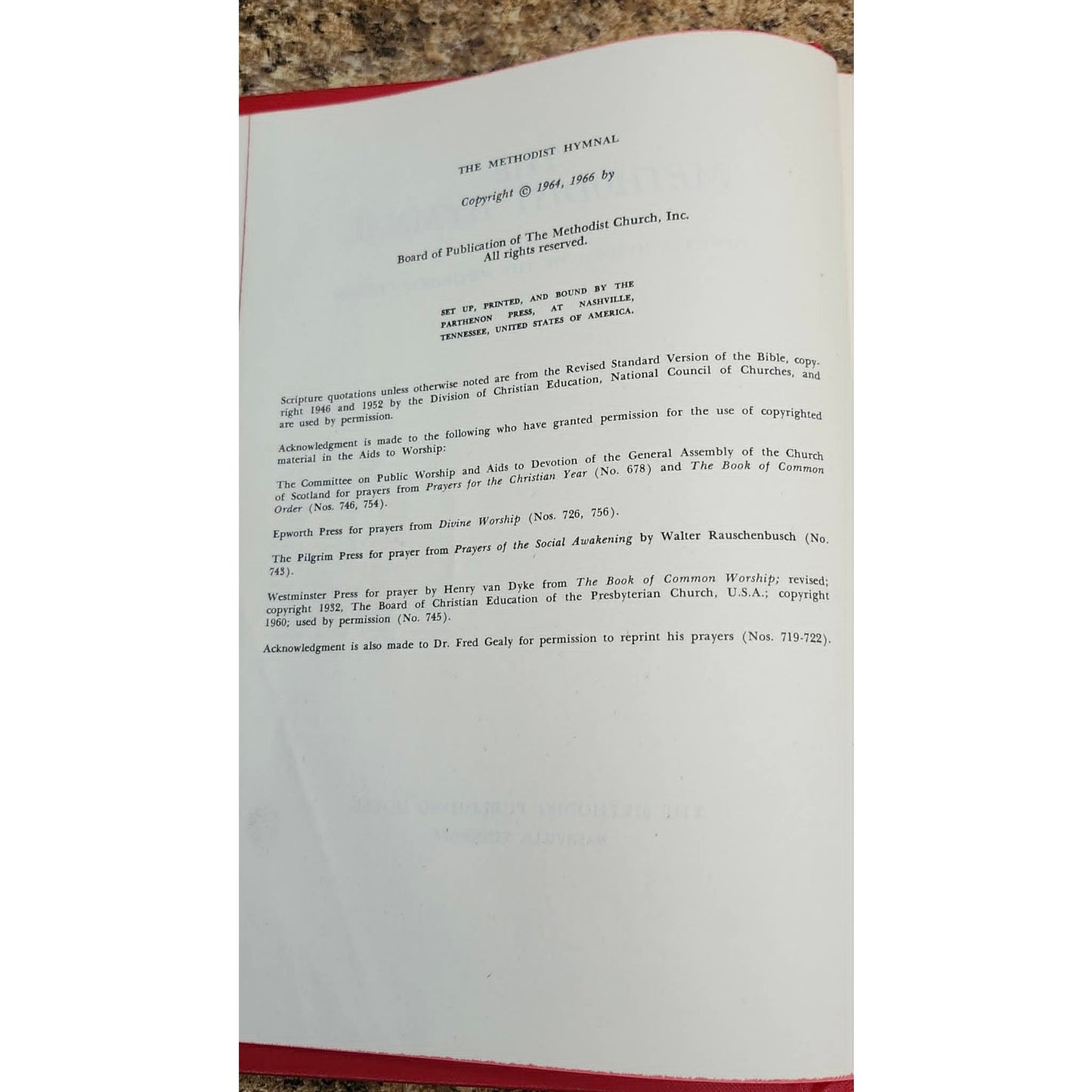 Vintage 1966 The Methodist Hymnal Central Methodist Church Red Hardcover Hymns