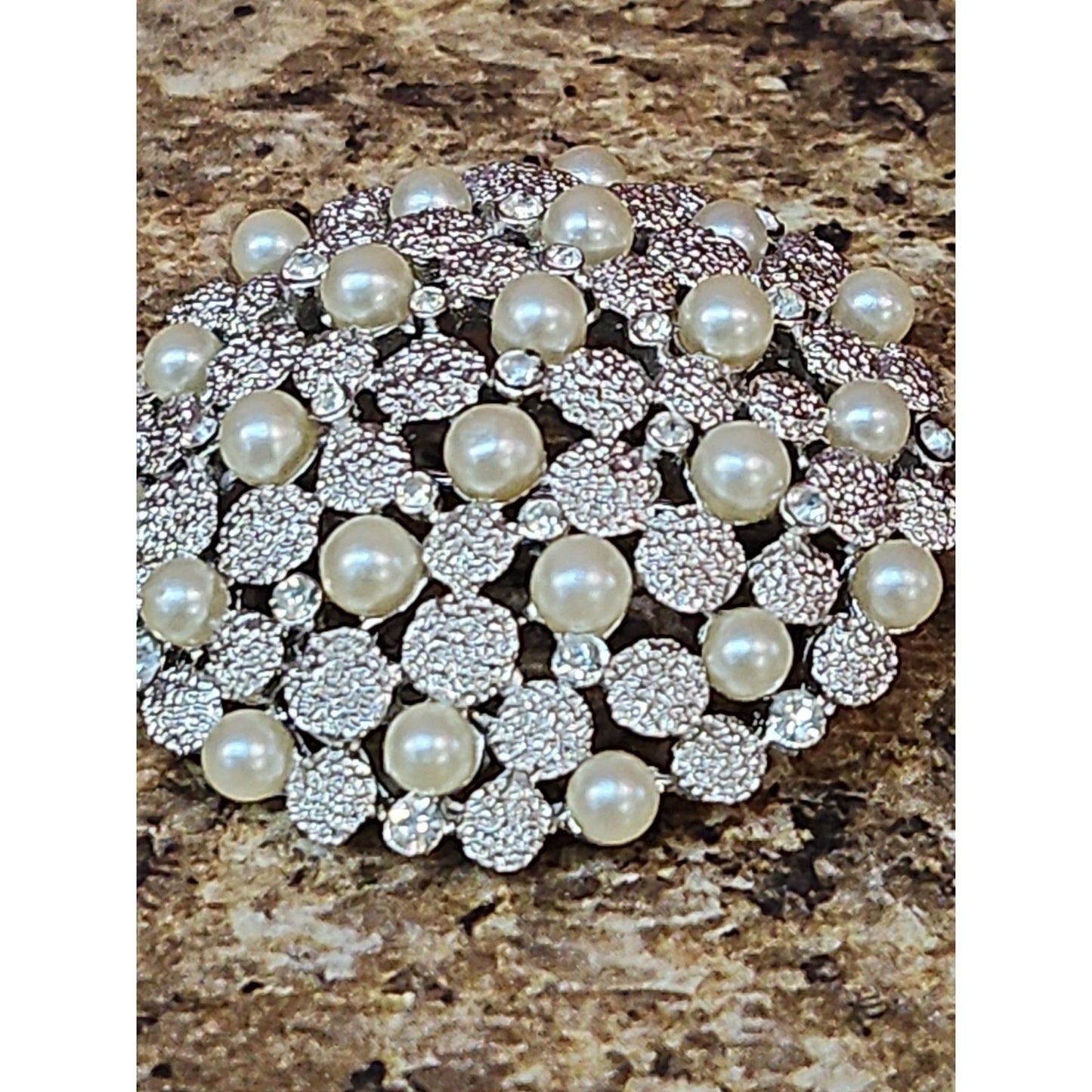 Vintage Crown Trifari Silvertone Faux Pearls Rhinestones Brooch