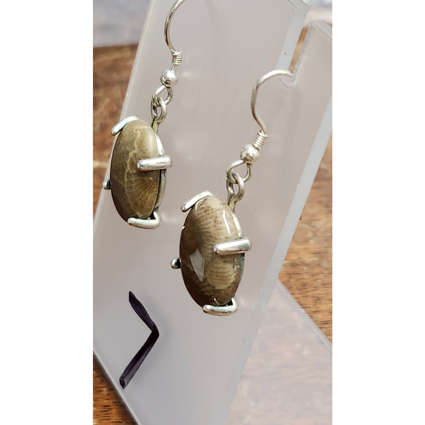 VTG 925 Sterling Silver Petoskey Stone Dangle Earrings Brown Fossilized Coral