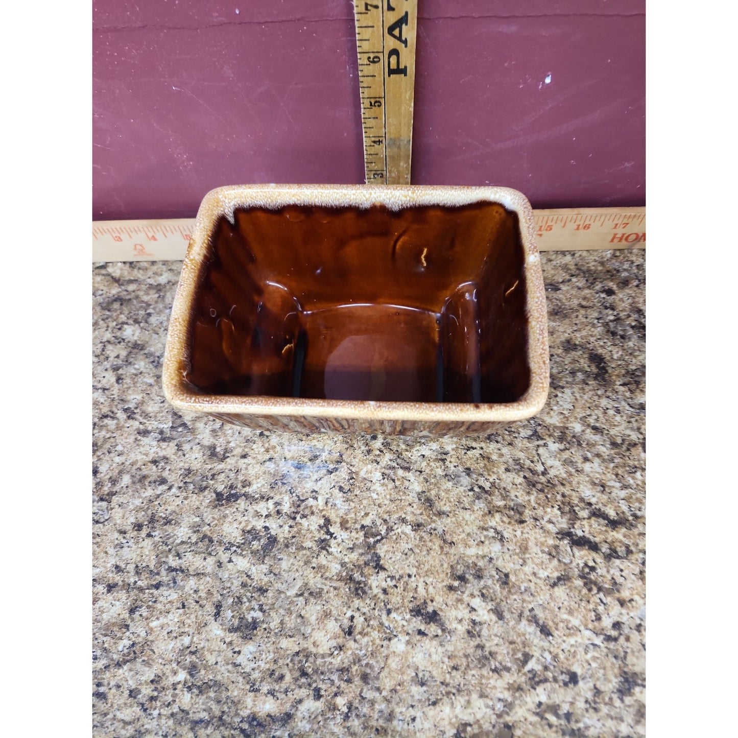 Hull 717 Pottery Planter Light Brown Drip Glaze Signed USA 7"x 5-1/4 x 4" high