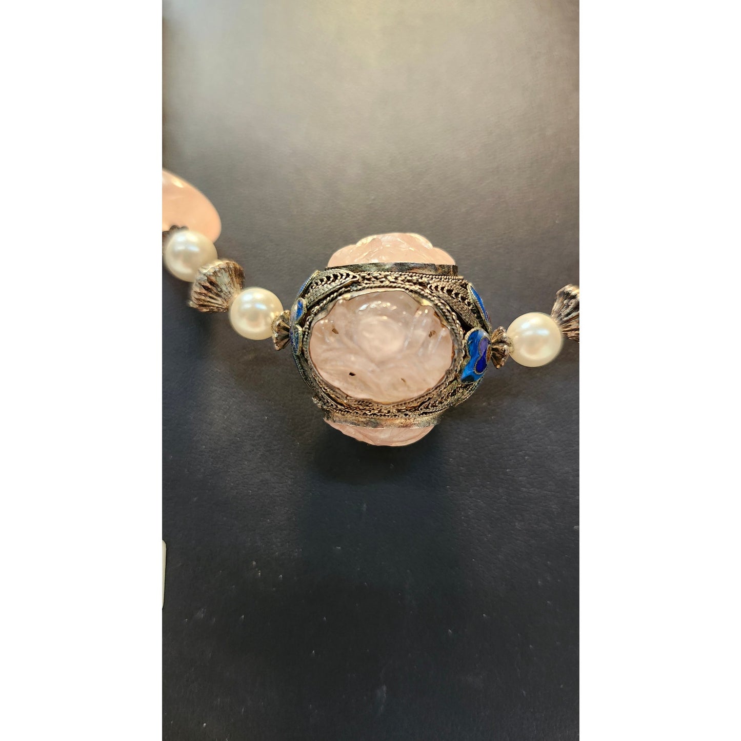 Vintage Chinese Necklace Rose Quartz Cloisonne 925 Sterling Silver Beaded 22"