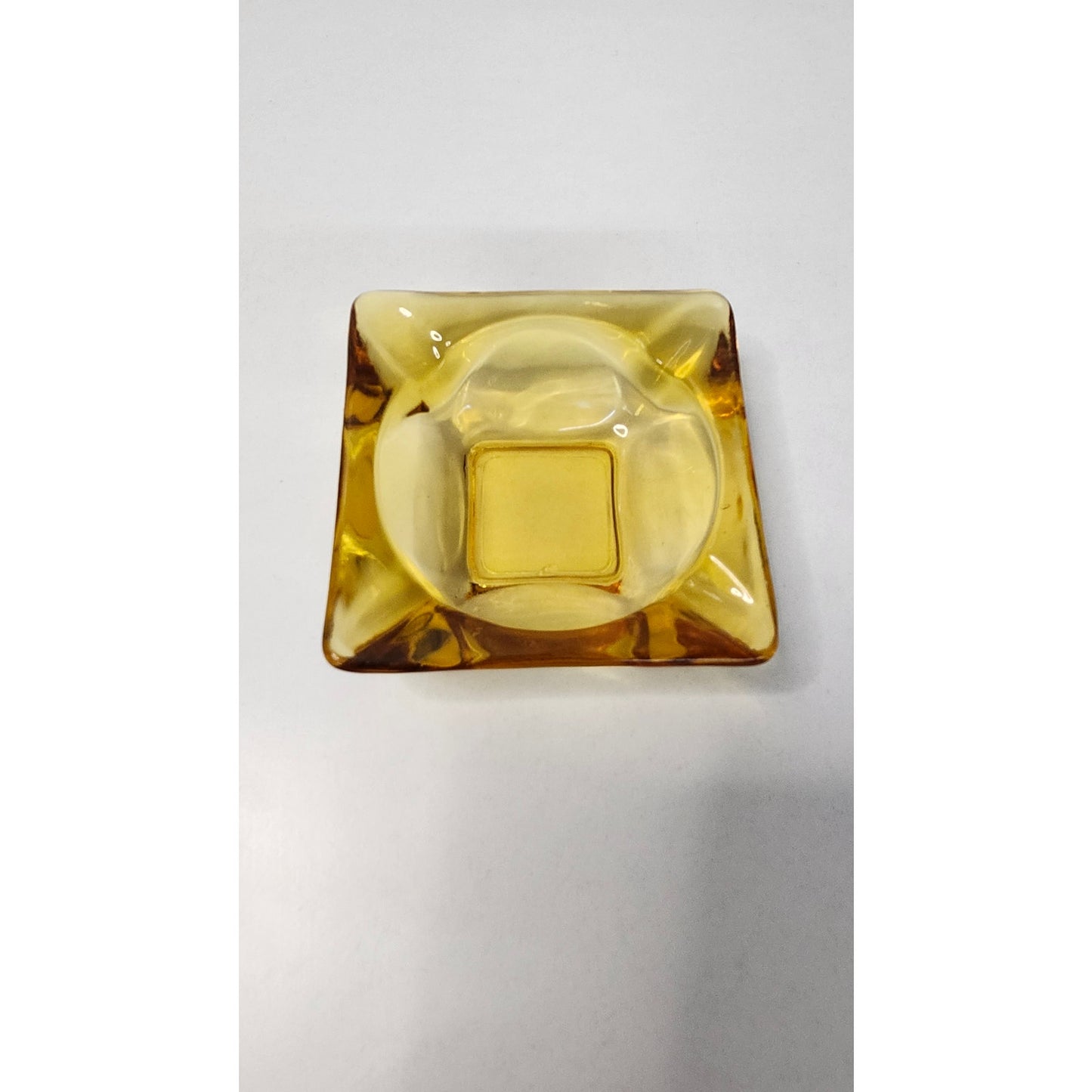 Vintage Mid-Century Yellow Amber Glass Square Cigarette Ashtray MCM 4.5"