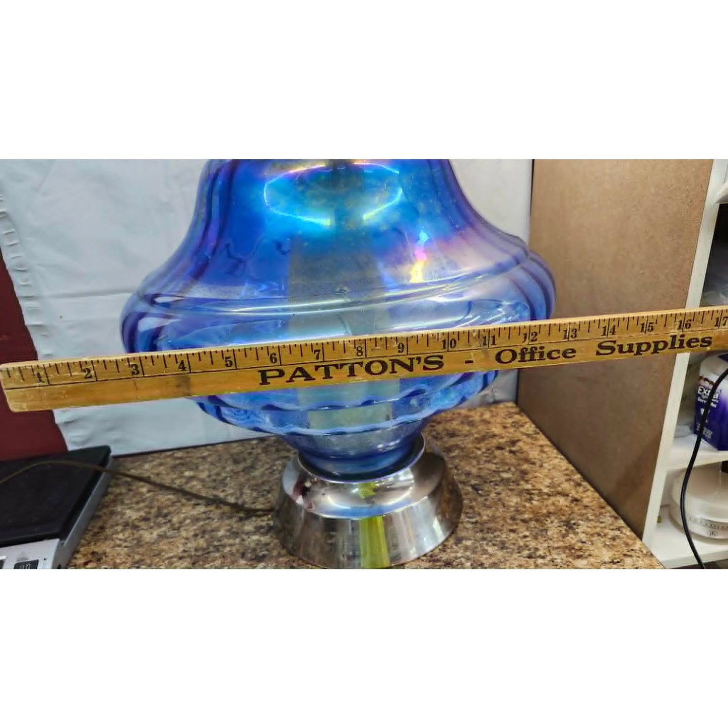 Vintage Blue Glass Table Lamp Mid Century Iridescent Carnival Electric 25" Tall