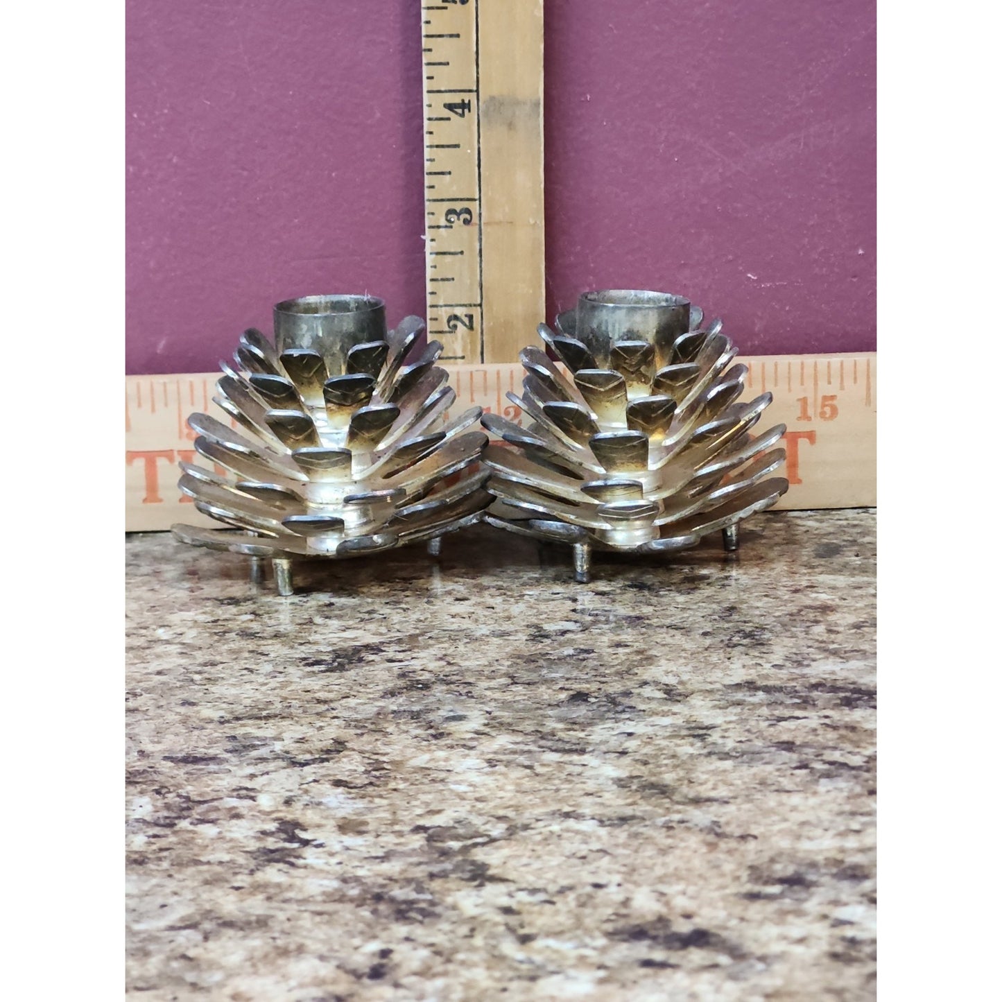 Silver Tone Pine Cone Taper Candle Holder Set Christmas And Cabin Decor