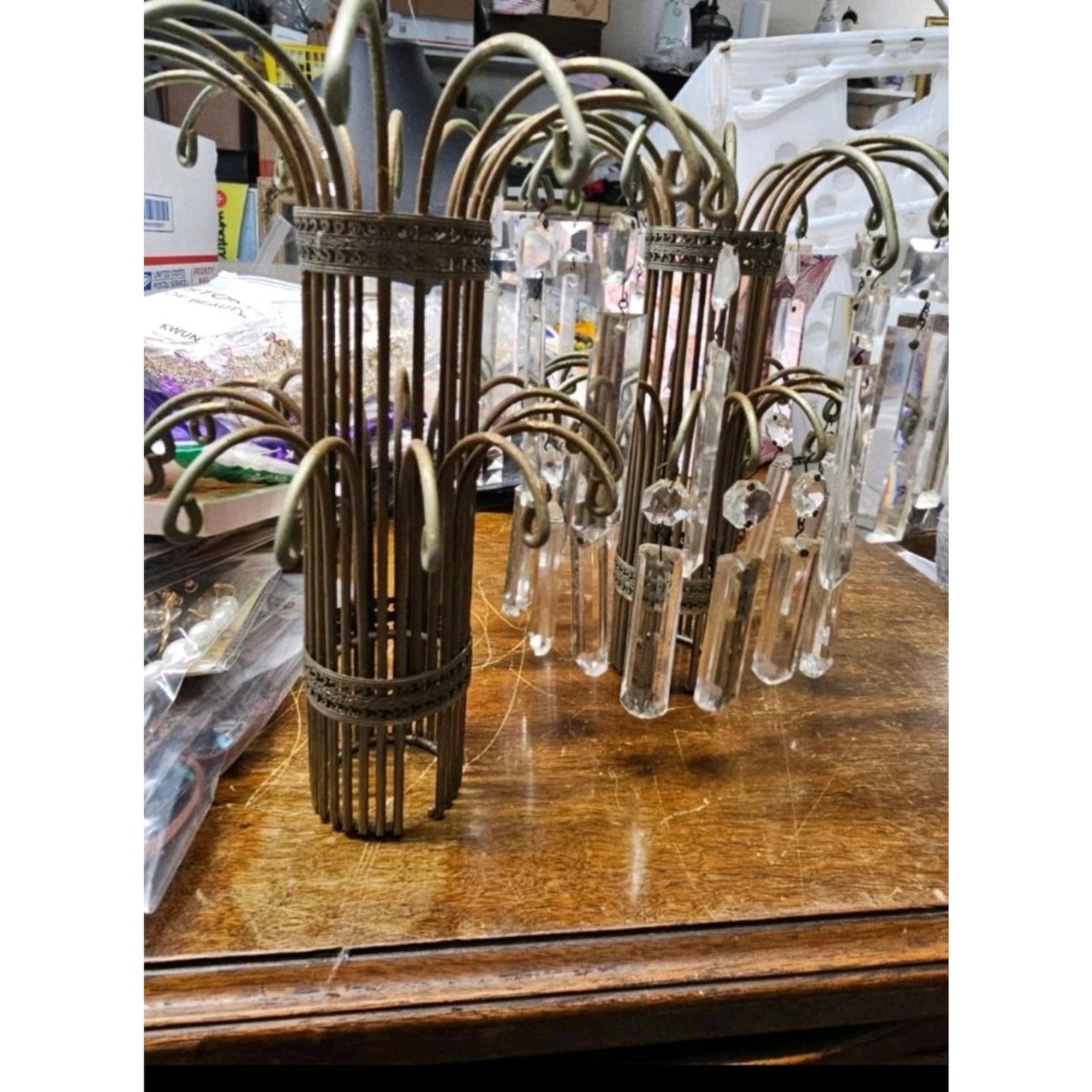 Hollywood Regency Waterfall Crystal Prism Chandelier Ceiling Light Fixture PAIR