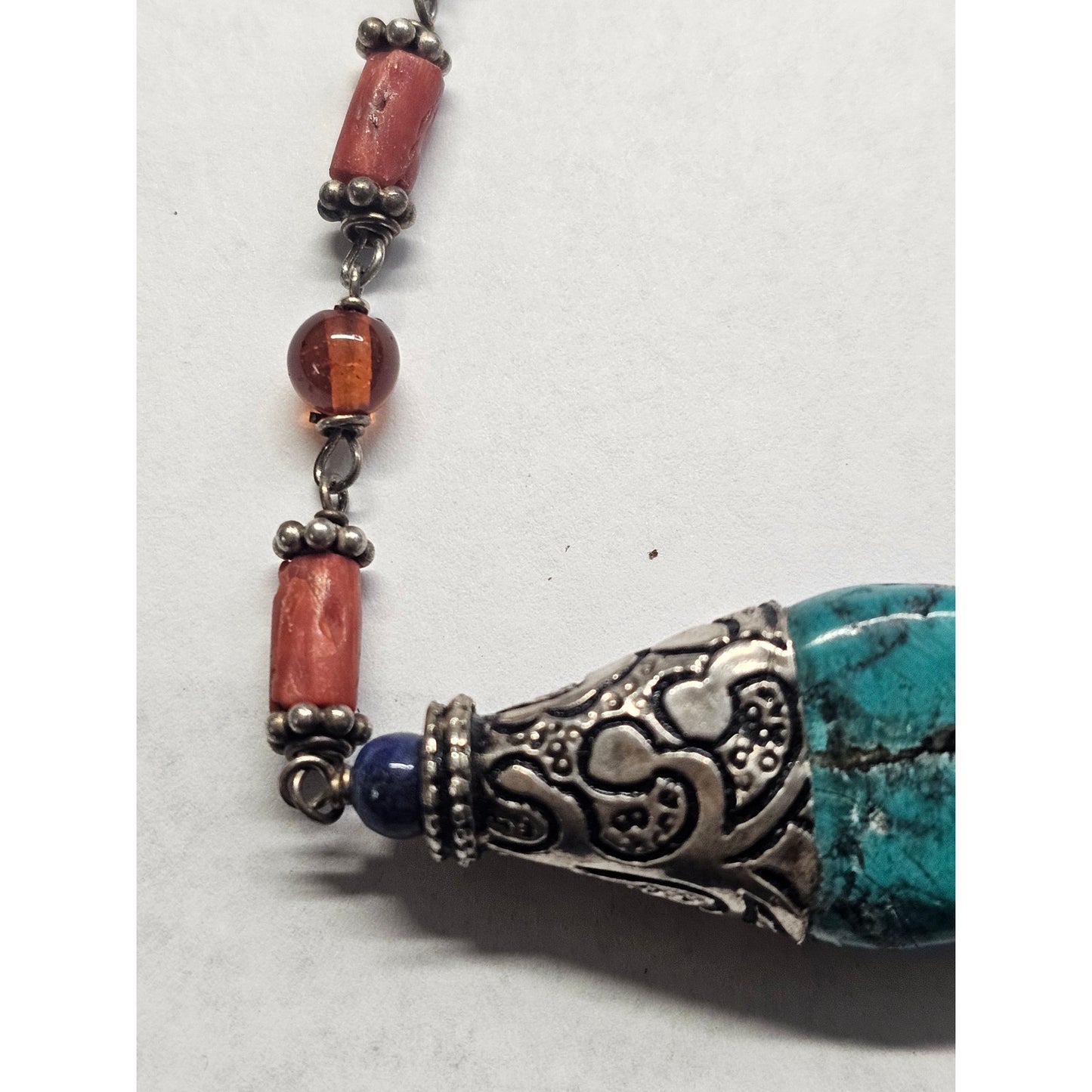 Vintage Sterling Silver and Turquoise Necklace Tibetan Tribal Blue Red Beads