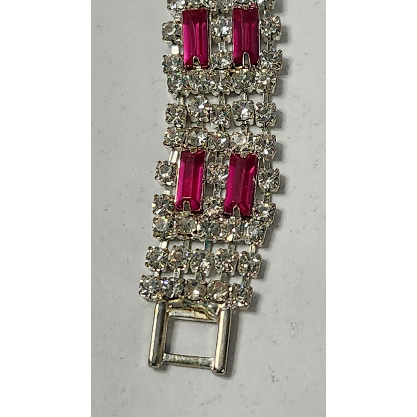 Vintage Ruby Rhinestone Silver-Tone Link Costume Bracelet 7.25"
