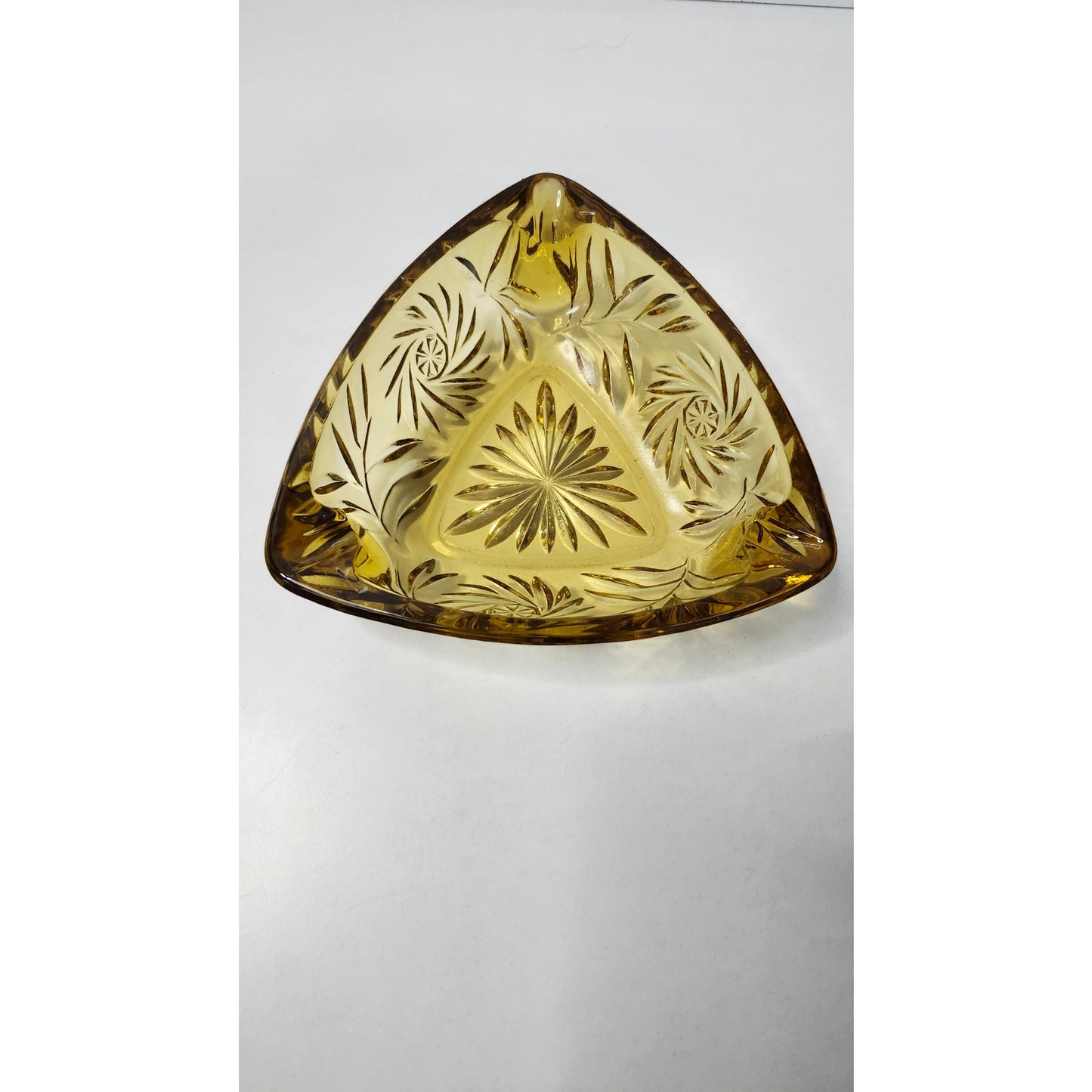 Vintage Triangle Ashtray Hazel Atlas Glass Amber Granada Pinwheel Starburst MCM