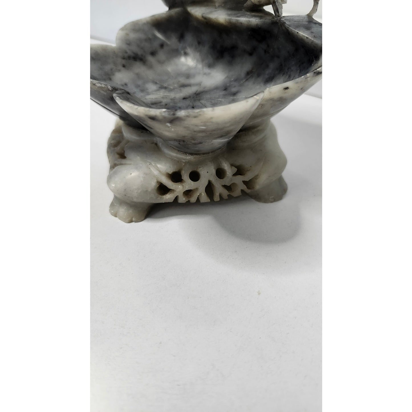 VTG Chinese Soapstone Trinket Dish Gray Hand Carved Bird Flowers Statue Gray