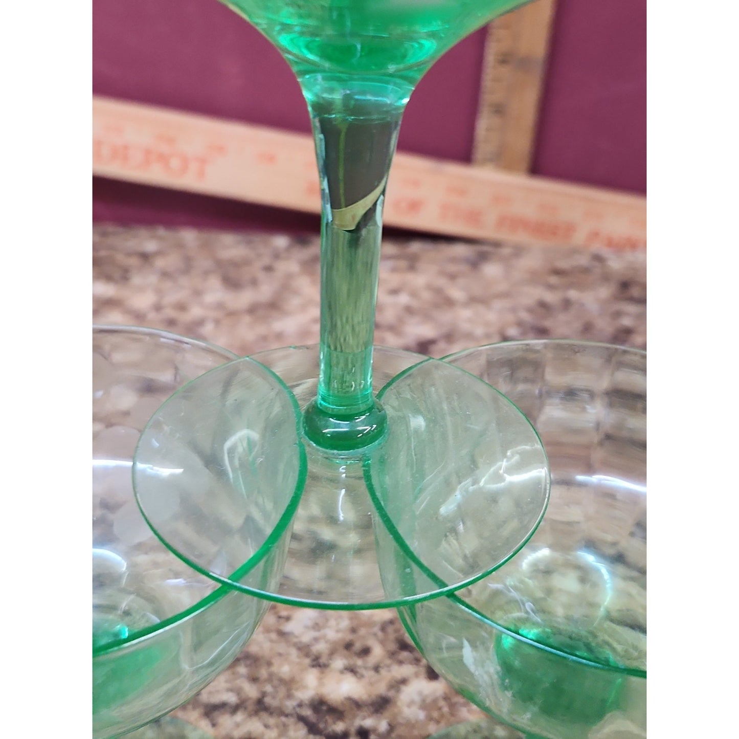 Lot Of 3 Vintage Uranium Glass Stemmed Champagne Glasses Excellent UV Glow!