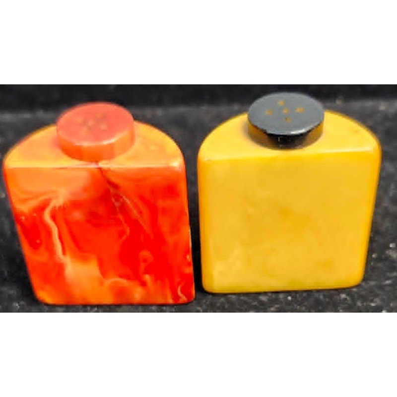Vintage Bakelite Salt & Pepper Shakers Marbled Red Butterscotch Yellow Art Deco