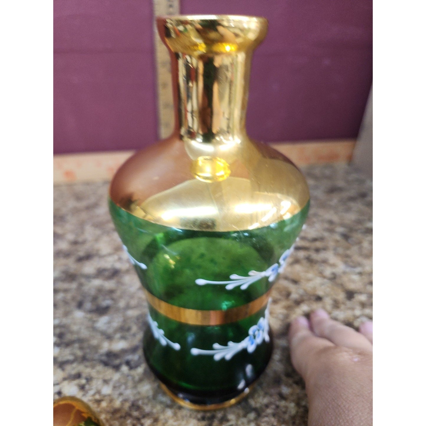 Vintage Hand-Painted Emerald Green Venetian Glass Decanter w/Stopper MCM