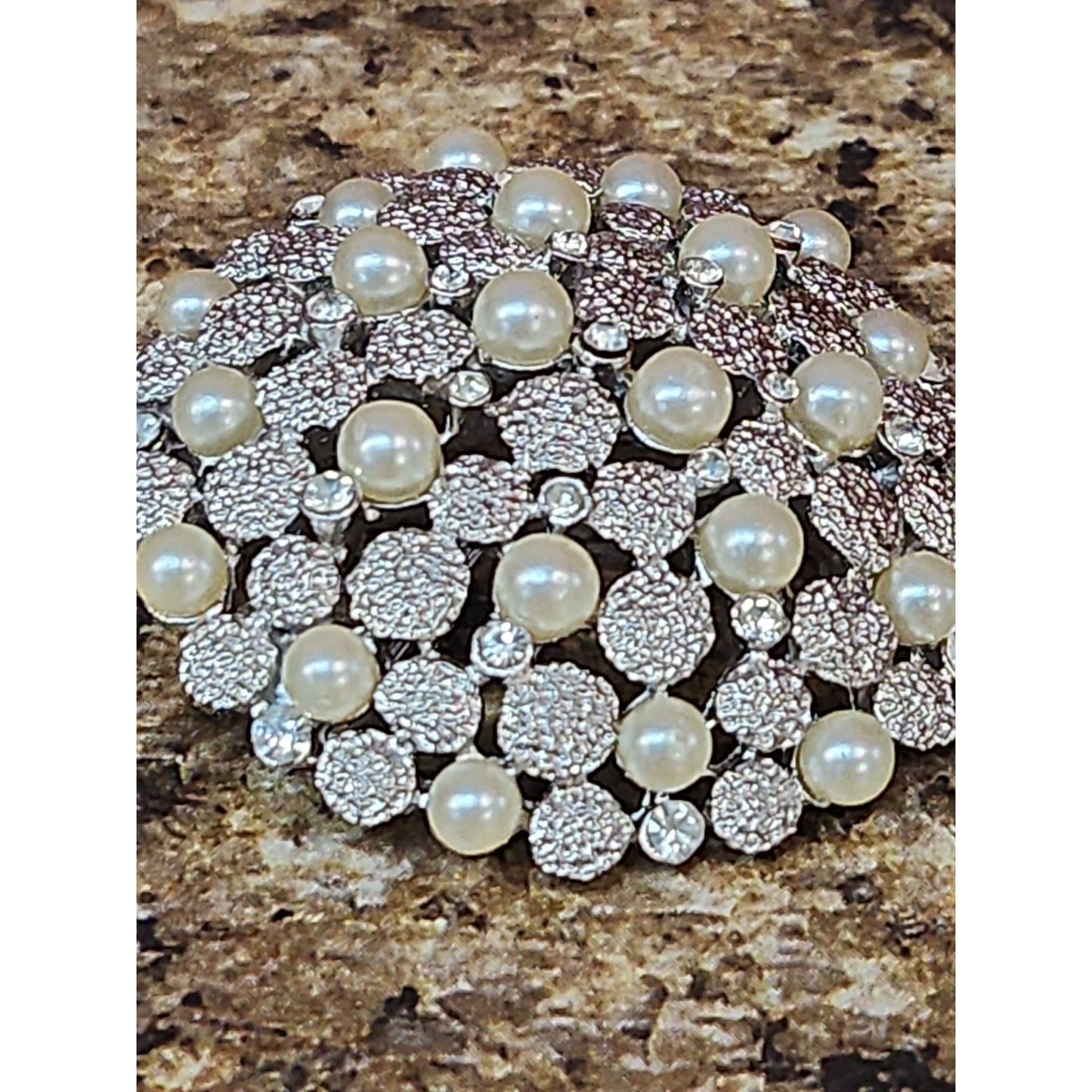 Vintage Crown Trifari Silvertone Faux Pearls Rhinestones Brooch