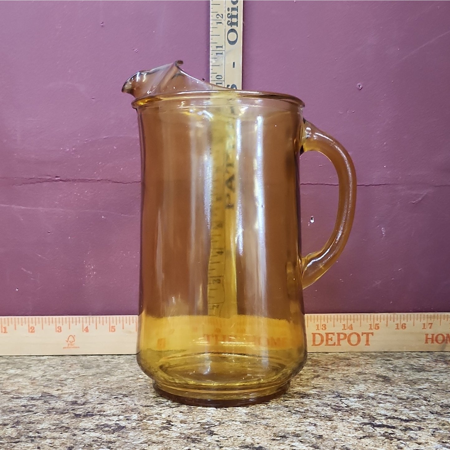 Vintage Retro Amber Glass Pitcher 1 qt w/ Handle Pour Spout Glossy Solid