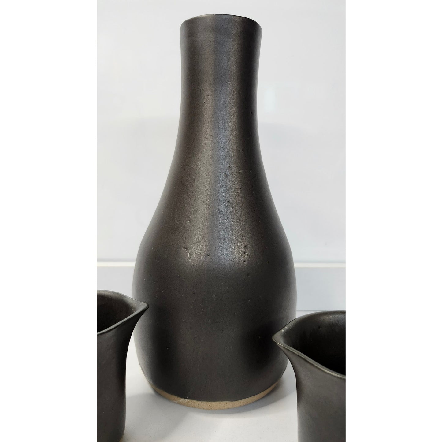Signed Studio Pottery Black Stoneware Carafe Creamer Mug 3 Piece Set MCM