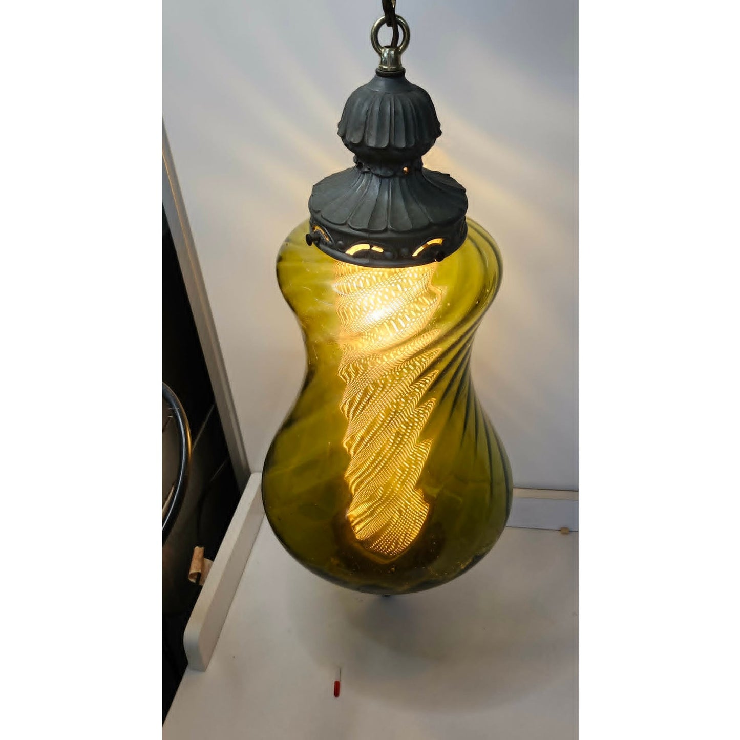 Vintage Swirl Glass Hanging Swag Lamp Light Fixture Green Mid Century Modern 20"