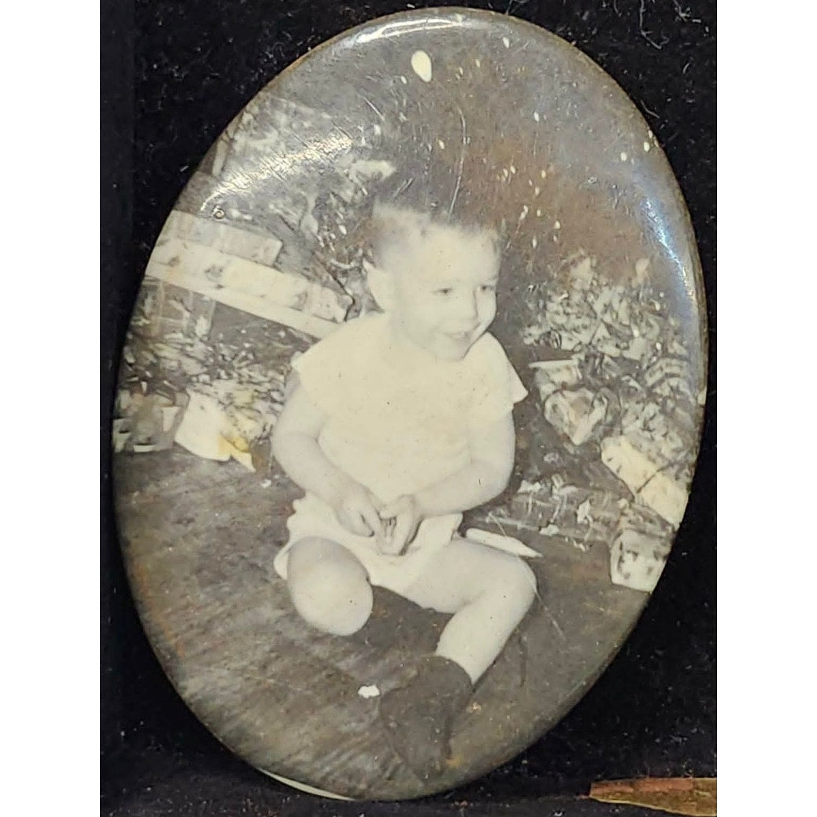 Vintage Antique Oval Pocket Mirror Black White Photo Toddler Boy Celluloid USA