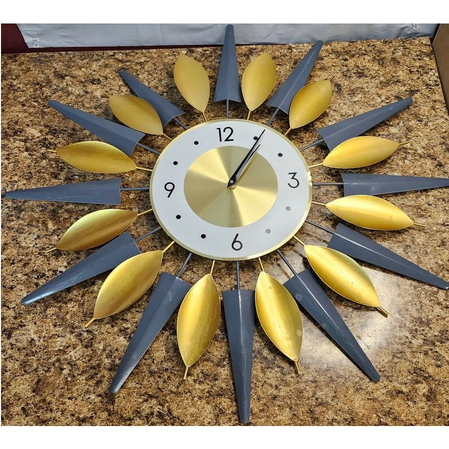 Mid Century Modern Sunburst Metal Silent Wall Clock Large 23 Inches Decorative