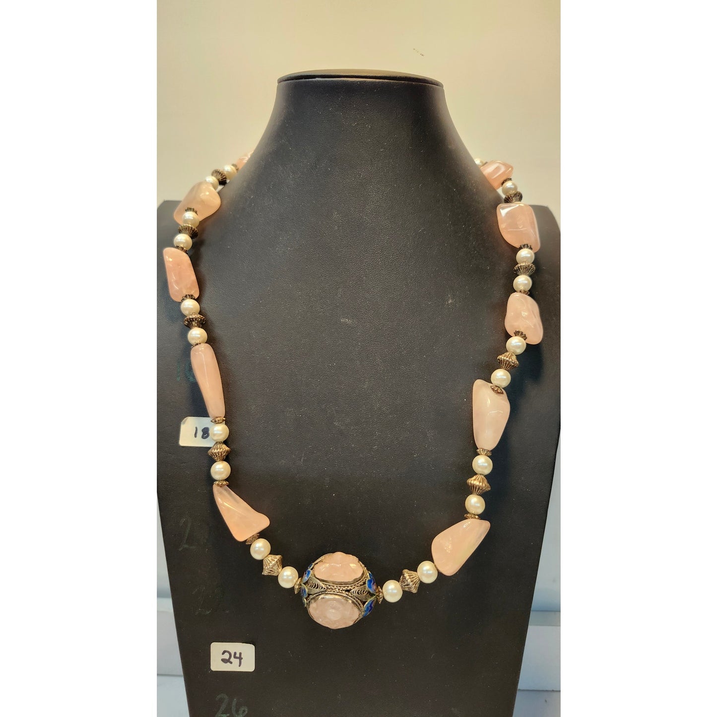 Vintage Chinese Necklace Rose Quartz Cloisonne 925 Sterling Silver Beaded 22"
