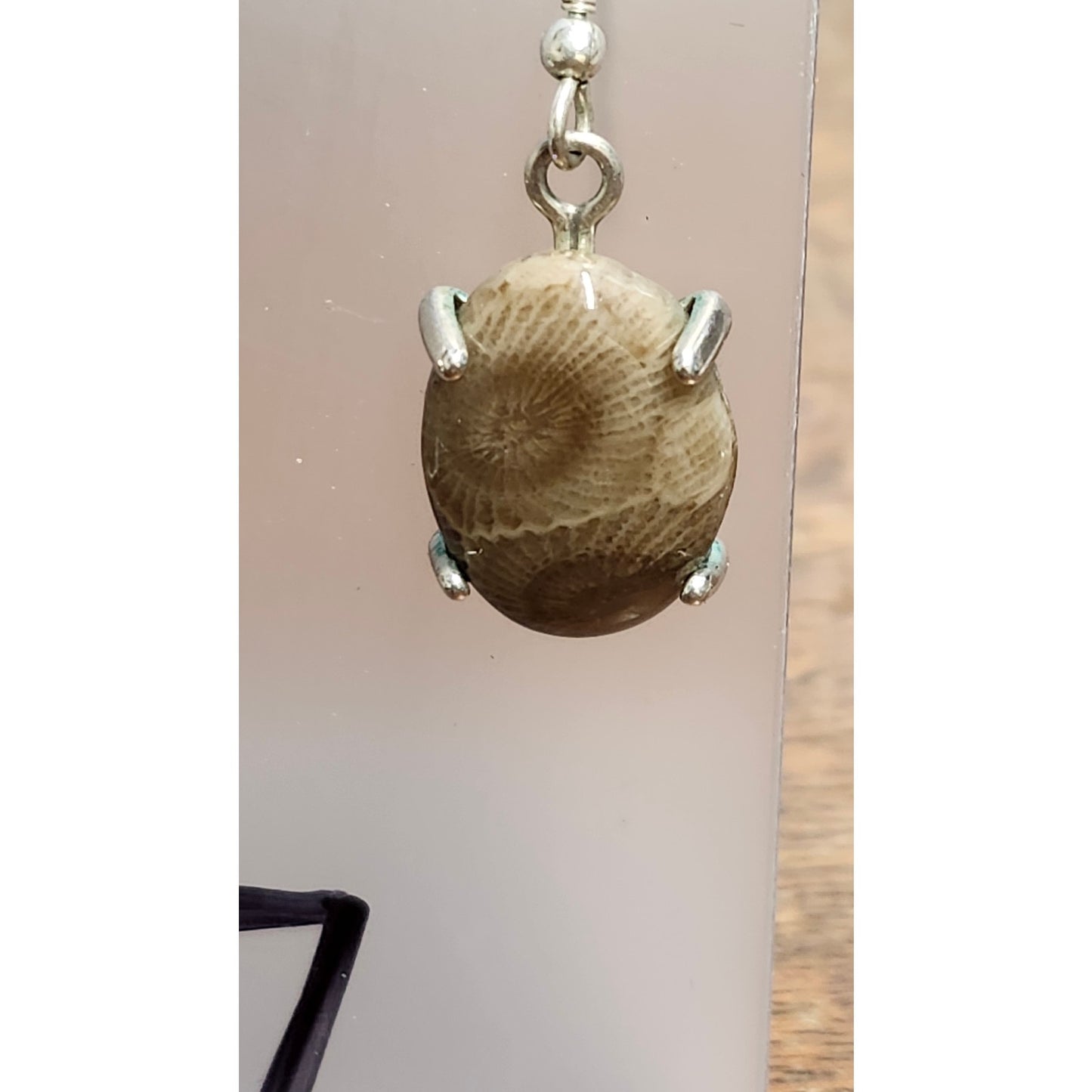 VTG 925 Sterling Silver Petoskey Stone Dangle Earrings Brown Fossilized Coral