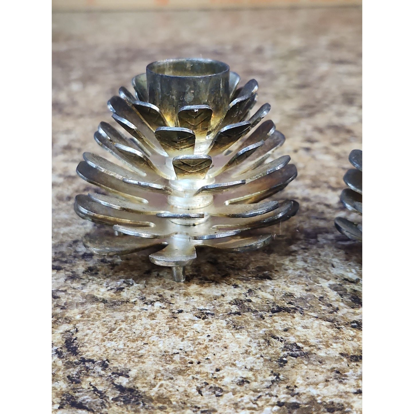 Silver Tone Pine Cone Taper Candle Holder Set Christmas And Cabin Decor