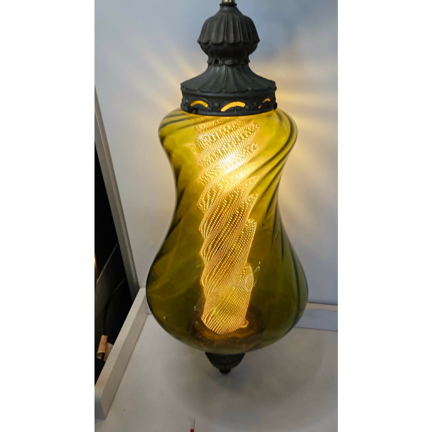 Vintage Swirl Glass Hanging Swag Lamp Light Fixture Green Mid Century Modern 20"