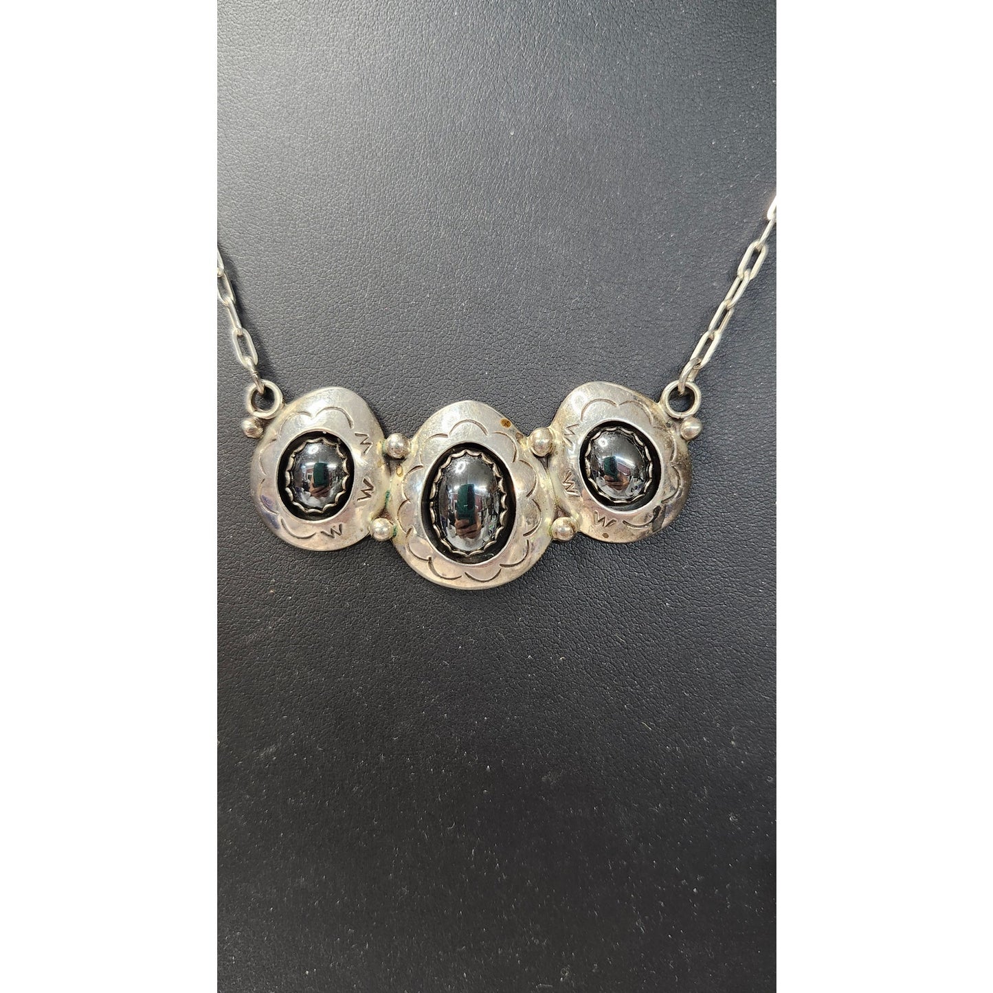 Vintage Teddy Goodluck 925 Sterling Silver Hematite Necklace & Cuff Bracelet Set